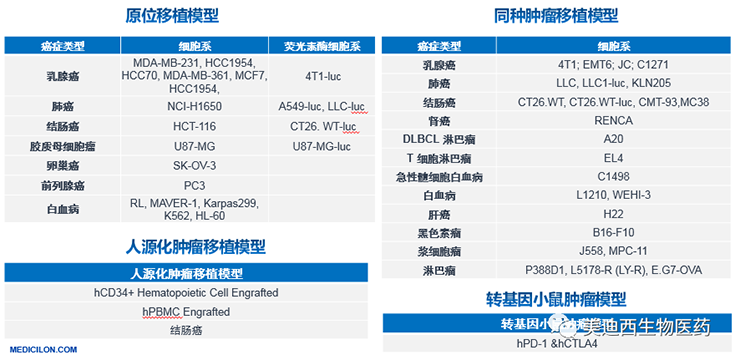 k8凯发国际原位移植模型、同种肿瘤移植模型、人源化肿瘤移植模型和转基因小鼠肿瘤模型清单